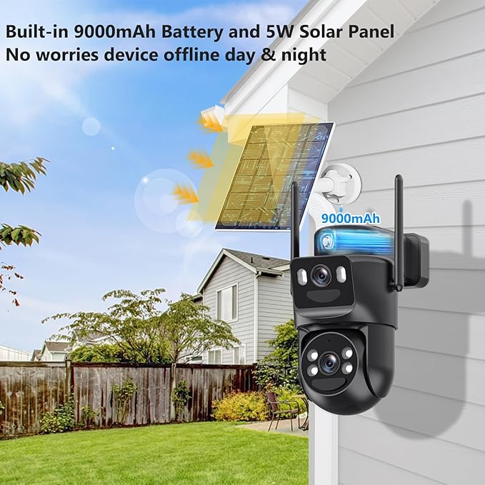 4K Solar Security Cameras Wireless Outdoor Battery Powered, 5GHz & 2.4GHz Dual Lens Bullet & 360PTZ Linkage with Solar Panel, 8X Digital Zoom, Color Night Vision, Motion Detection (Black)