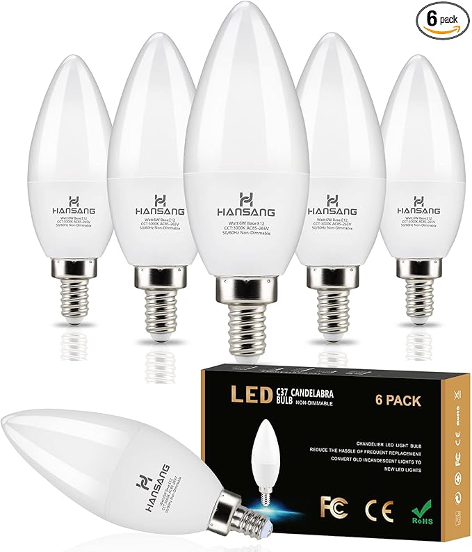 E12 LED Candelabra Bulbs 3000K Soft White 6W 60Watt Equivalent, B11 Ceiling Fan Light Bulbs Small Base, C37 Type B Light Bulb for Chandelier, 600 Lumen, Non-dimmable, 6 Pack