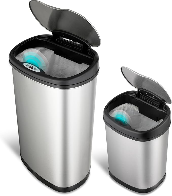 Ninestars Two-Piece Automatic Trash Can Combo Set, 13 Gal (50L) & 3 Gal (12L) Touchless Motion Sensor Garbage Cans with Odor-Sealing Lids, Matching Oval Stainless Steel, Black Trim