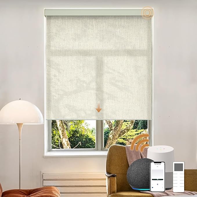 Motorized Light Filtering Roller Shades with Remote Control, Electric Smart Shades Compatible with Alexa and Google, Rechargeable, Customizable Size (Textured Beige)