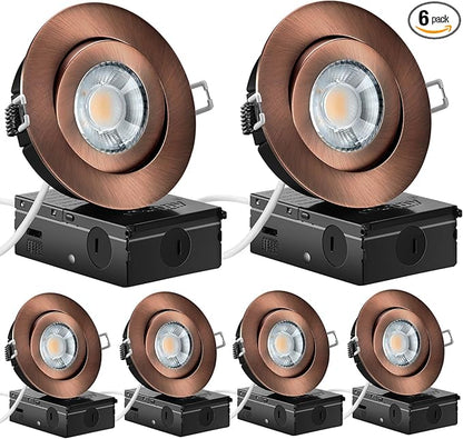 KnLnny Ware Bronze 4 Inch Led Gimbal Recessed Lights 6 Pack, Eyeball Soffit Lights with Junction Box,5CCT Selectable,9W 750LM,Dimmable