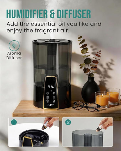 YOKEKON Humidifiers for Bedroom,1.06Gal(4L) Dishwasher Safe Design Easy to Clean,Top Fill,Night Light,Aroma Diffuser,Humidity Control,12H Timer,Sleep Mode,3 Level Mist,360° Nozzle,Home,Nursery,Black
