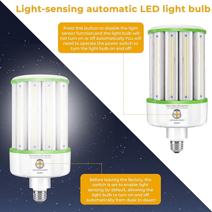 GEPLAD 2 Pack Dusk to Dawn LED Corn Light Bulbs 100W(Equivalent 1000W), E26/E39 Base, 14,000LM 5000K Daylight, Auto On/Off Photocell Sensor, Outdoor LED Light Bulbs for Porch Garage Yard Security