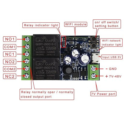 Ewelink WiFi Wireless Smart Relay Module USB 5v 2 Channel Momentary Toggle Latching 7V-48V Remote Switch Transmitter for Access Control, Garage Door,Home Automation, Compatible with Alexa Google Home