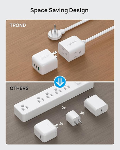 TROND Travel Power Strip with Detachable USB C Ports Fast Charge GaN III PD35W, 5ft Flat Plug Extension Cord with Multiple Outlets, for Home Hotel Dorm Room Cruise Ship Essentials, White