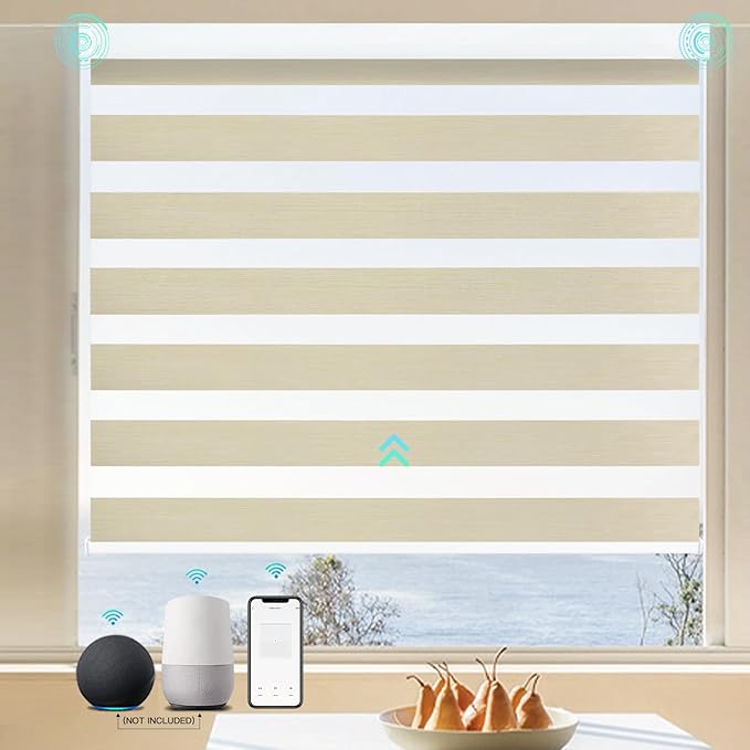 MING CHEN Motorized Blinds with Remote,Built-in Rechargeable Smart Blinds, Custom Size Electric Zebra Blinds Compatible with Alexa Google (90% Blackout Fine Lines Yellow)