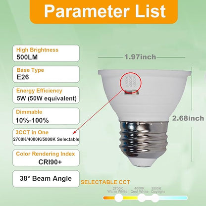 3CCT PAR16 Dimmable LED E26 Bulbs 10 Pack, Short Neck Led Light, 5W=50W, 500LM Mini Flood Lights, 2700K/4000K/5000K Selectable, for Track Lighting, Kitchen