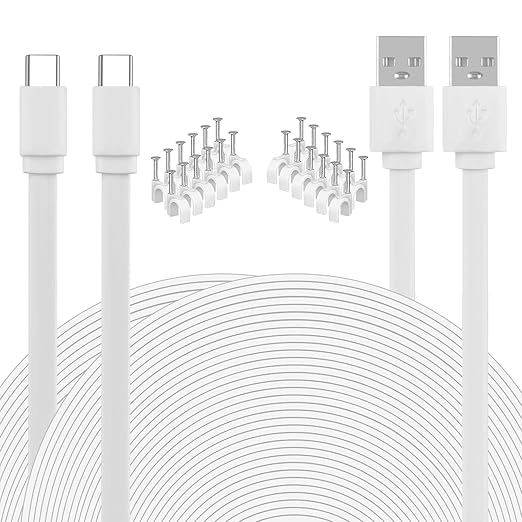 2 Pack USB C Cable for Security Camera Type C Charging Cord 33FT/10M Flat Long Power Supply Extension Wire Compatible with Yi Home CCTV Cam Outdoor Indoor Waterproof White
