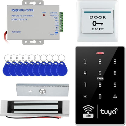 Tuya Access Control Kit with 400lbs Magnetic Lock | Complete kit incl keypad,400lbs lock, exit button, 36W PSU, IP68, 1000 users, IC/ID, 10 blue cards