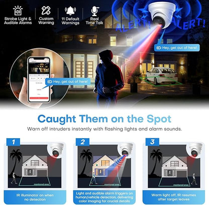 6MP PoE IP Turret Camera, PoE Camera Outdoor w/Red-Blue Alarm Lights & Sound, 98FT Smart Color Night Vision, 2-Way Audio, AI Human/Vehicle Detection, Full Metal IP67, 114°Wide Angle
