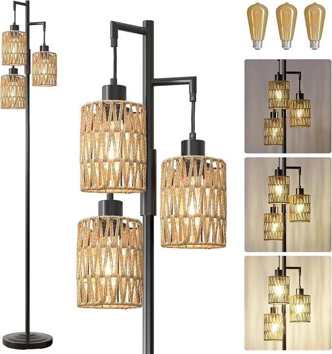 Oneach 70" Floor Lamps for Living Room, Stepless Dimmable Boho Floor Lamp with 3 Bulbs, Tall Farmhouse Industrial Corner Standing Tree Lamp for Bedroom, Office, Study Room, Dining Room, Black