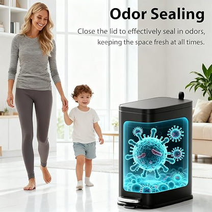 1.6 Gallon Bathroom Trash Can with Lid Soft Close, Small Black Stainless Steel Step Pedal Garbage Can, Removable Inner Bucket, Includes 60 Trash Bags
