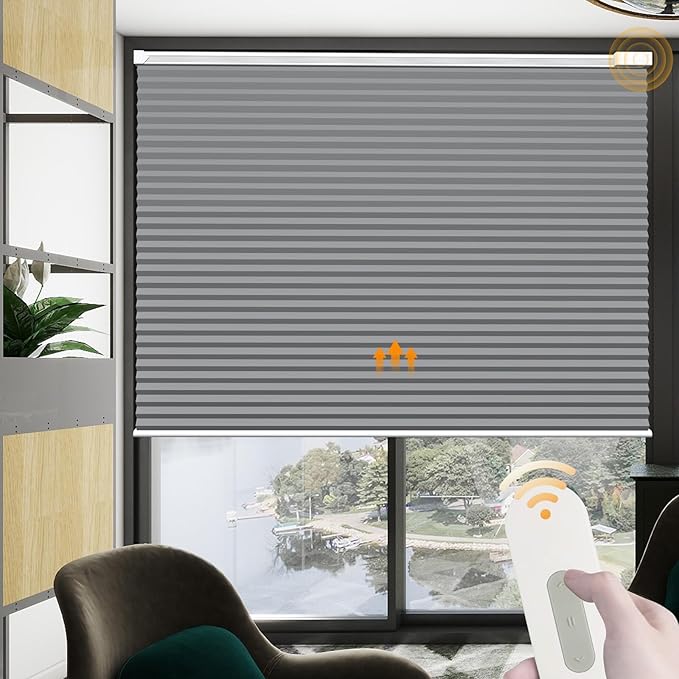 Motorized Cellular Shades(Custom Size, Grey) Cordless Blackout Rechargeable Window Curtains with Remote for Privacy Protection Smart Home Electric Automatic Honeycomb Blinds for Windows