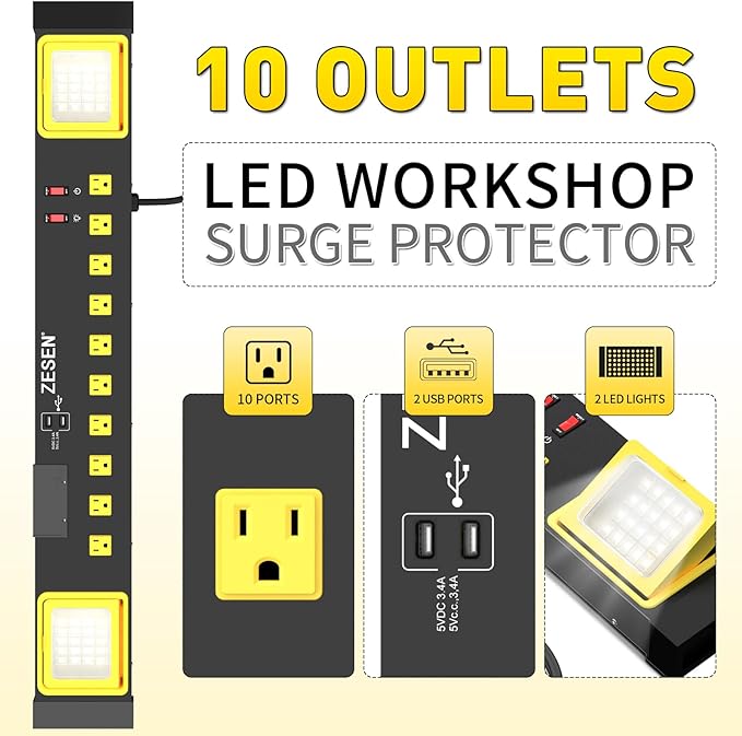 10 Outlets Power Strip with LED Worklight, Heavy Duty Metal Wall Mount Workbench Power Strip with 6ft 14/3 AWG Cord, 2 USB Ports, ETL Listed for Home Office Garage Workshop, Black