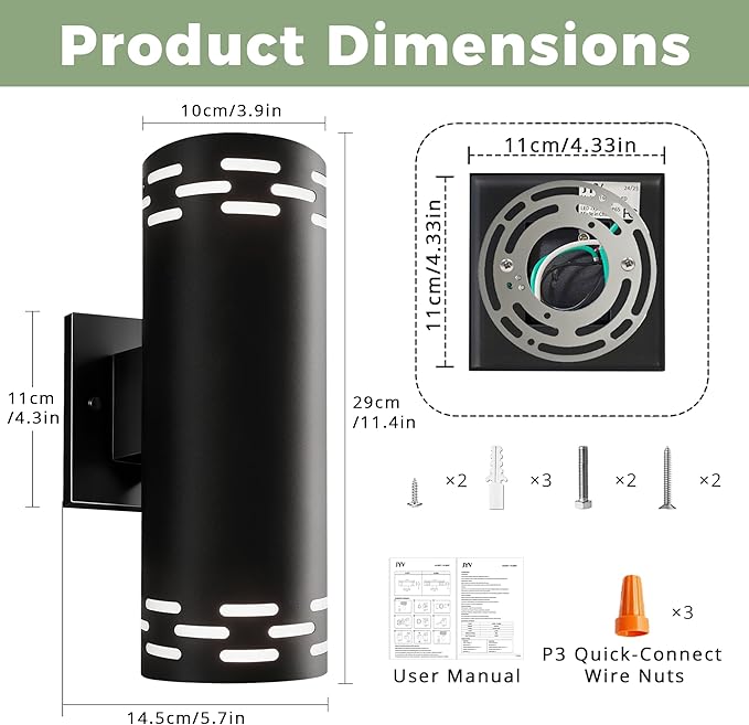 Modern Outdoor Wall Lights 2 Pack, 12'' Up and Down LED Cylinder Exterior Lighting Fixtures, 23W 3000K IP65 Waterproof Wall Sconces for House, Garage, Patio, Porch, Black