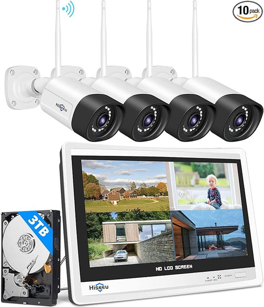 Hiseeu 5MP Wireless Security Camera System with 12" LCD Monitor, 3TB HDD, 10CH 8MP NVR, 2-Way Audio, Color Night Vision, Motion Detection, 24/7 Recording, Expandable Home CCTV Kit, Plug & Play