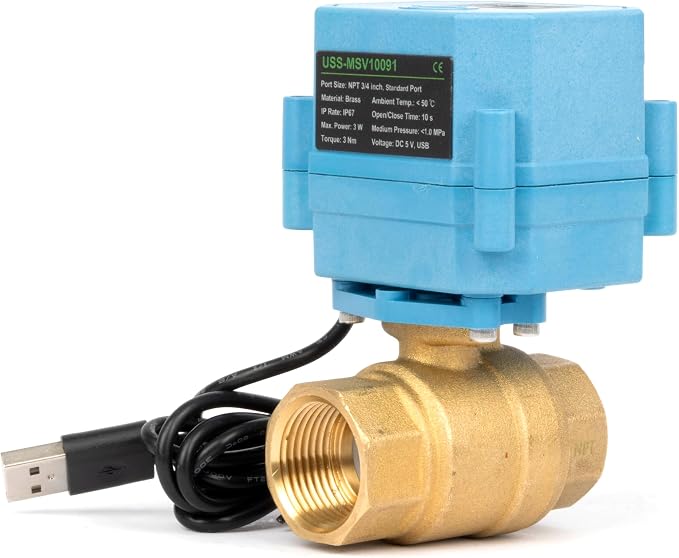 U.S. Solid WiFi Smart Motorized Ball Valve 3/4 inch NPT for Water Control & Irrigation, 2 Way Brass Electric Valve, USB Powered, LED Status Indicator, Flow Direction Window, Remote On/Off Control