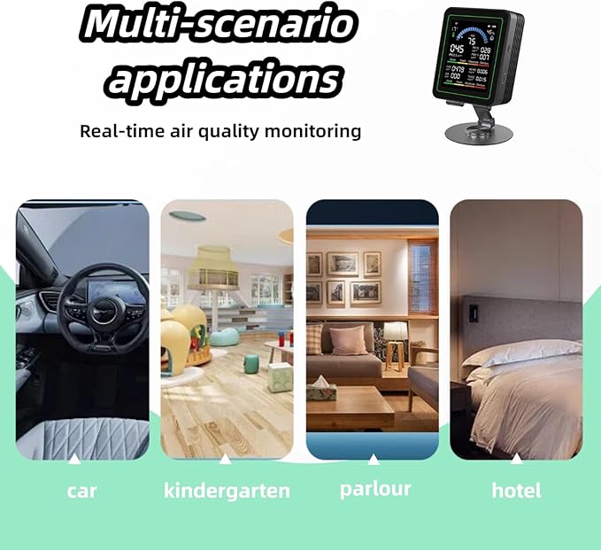 Smart Air Quality Monitor Indoor for Home, Portable CO2 Detector for Travel, Multi Pollutant Air Quality Tester for CO2, VOC, HCHO, PM2.5, PM10, PM0.3, Temperature and Humidity, Digital Display