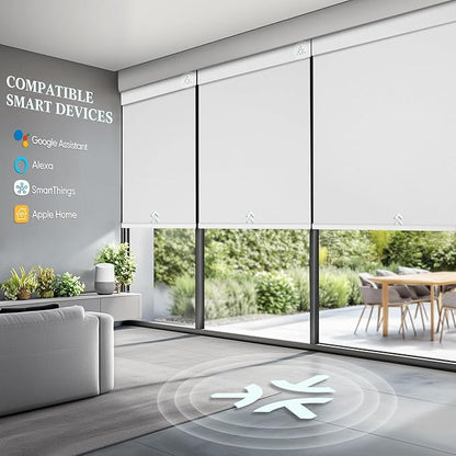Motorized Blinds with Remote, Smart Blinds with Solar Panel, Cordless Blackout Automatic Shades with Matter Motor, White, 46×72