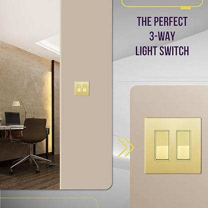 ENERLITES 3-Way Decorator Paddle Light Switch, Gloss Finish, Single Pole or Three Way, 3 Wire, Grounding Screw, Residential Grade, 15A 120V/277V, UL Listed, 93150-GD, Gold