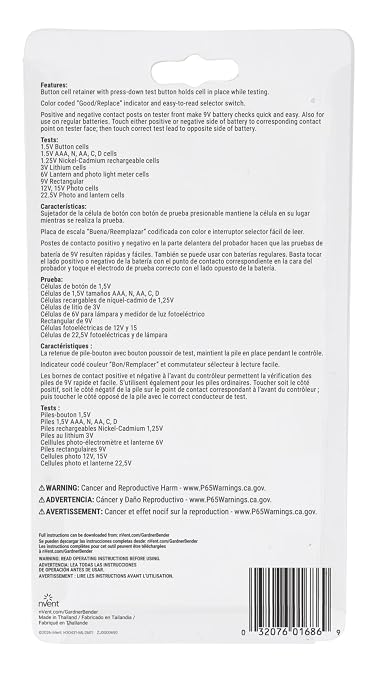 Gardner Bender GBT-500A Analog 1.5 V Button Cell/22.5 Photo/AA/AAA/12 V/9 V/Lantern Cells & More, Leads Battery Tester,14 Battery Range, Black