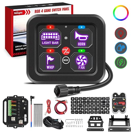 Nilight 4 Gang Switch Panel RGB 12V 24V Circuit Control Relay System | Fuse Wiring Harness Automatic Dimmable LED Pod On/Off Momentary Strobe Modes Universal for Car Pickup Truck Camper SUV