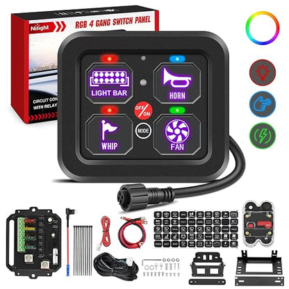Nilight 4 Gang Switch Panel RGB 12V 24V Circuit Control Relay System | Fuse Wiring Harness Automatic Dimmable LED Pod On/Off Momentary Strobe Modes Universal for Car Pickup Truck Camper SUV