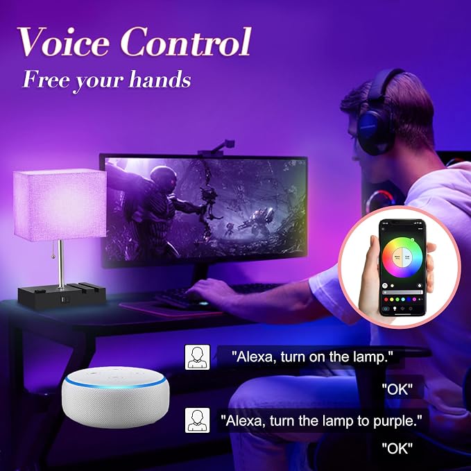 RGB Smart Table Lamp with Remote Control - Alexa Lamp for Bedroom with Voice & APP Control & Music Sync, Dimmable Nightstand Lamp with Charging Station for Living Room, Alexa Bulb Included