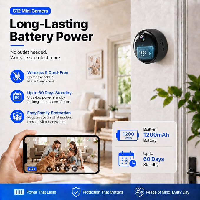 4K Mini Indoor Security Camera Wirless Nanny Cam with 60-Days Battery Life