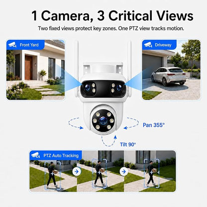 CAMCAMP Triple-Lens Wireless Security Camera System Outdoor with 12 Views | 4 Auto Huamn Tracking PTZ Cameras & 10CH 500GB NVR Kit, Dual-Band WiFi Home Surveillance for Multi-Angle Property Protection