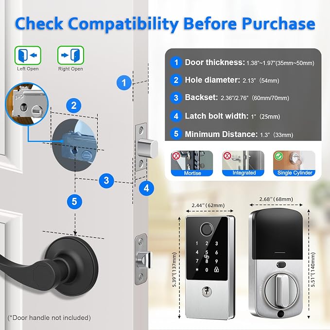 Smart Door Lock Deadbolt, Keyless Entry Door Lock with Fingerprint & Keypad,App Control,Auto Lock,Electronic Digital Lock for Front Door Home Apartment Rental,Easy Installation,Satin Nickel Silver