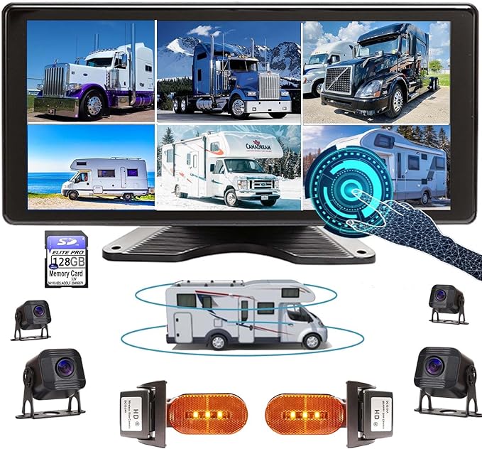 AI Alarm Sensor Side Lights 10.36-Inch 6 Split 128GB Large 1080P Backup Camera Monitor & Built-in DVR Video Recorder for RV Truck Trailer Rear Front Reversing View Wired System Waterproof DCD106