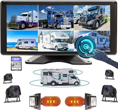 AI Alarm Sensor Side Lights 10.36-Inch 6 Split 128GB Large 1080P Backup Camera Monitor & Built-in DVR Video Recorder for RV Truck Trailer Rear Front Reversing View Wired System Waterproof DCD106