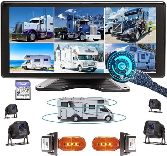 AI Alarm Sensor Side Lights 10.36-Inch 6 Split 128GB Large 1080P Backup Camera Monitor & Built-in DVR Video Recorder for RV Truck Trailer Rear Front Reversing View Wired System Waterproof DCD106