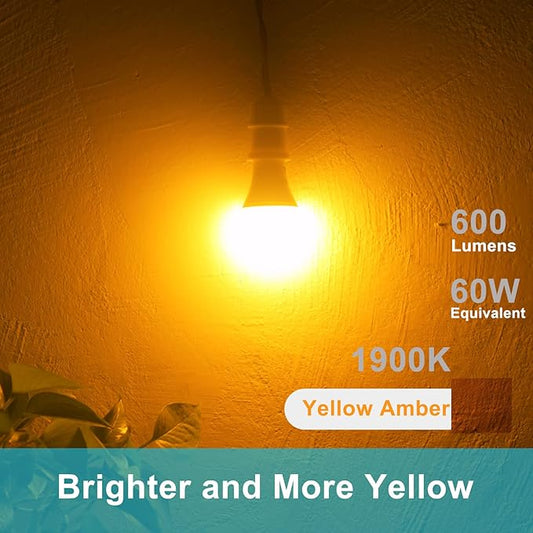 Qualilux Dusk to Dawn Bug Light Bulbs Outdoor, 1900K Amber Yellow, 600 Lumen, LED 9.5W, A19 E26, 4-Pack, HQ-H018