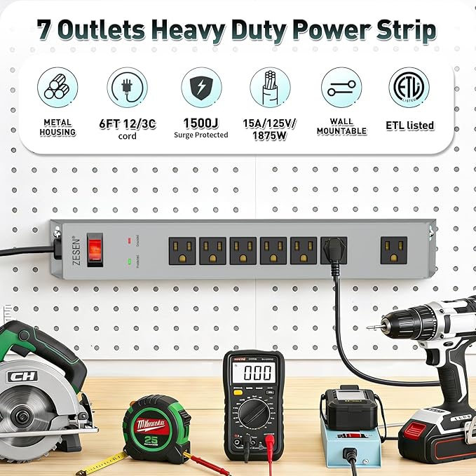 ZESEN 7 Outlet Metal Long Power Strip with Overload Protection & 1500J Surge Protection, 6ft Cord Wall Mounted Industrial Power Strip for Office Workshop Garage, ETL Listed(15A/1875W), Grey