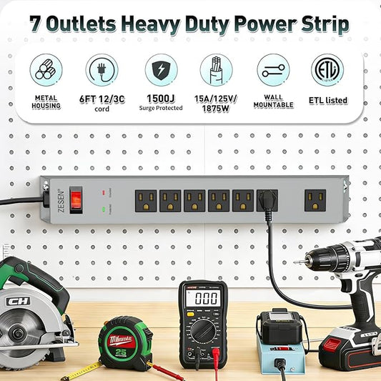 ZESEN 7 Outlet Metal Long Power Strip with Overload Protection & 1500J Surge Protection, 6ft Cord Wall Mounted Industrial Power Strip for Office Workshop Garage, ETL Listed(15A/1875W), Grey