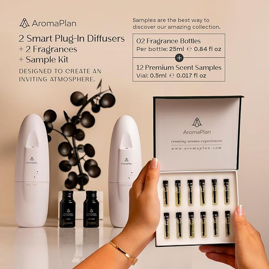 AromaPlan 5 Star Collection Plug in Diffuser (Fragrance+Sample Set Included)-Cold Air & Waterless Diffusers for Home & Office- Silent Wall Diffuser Plug in,Bluetooth App Control, 1000 sq.ft -2 Devices