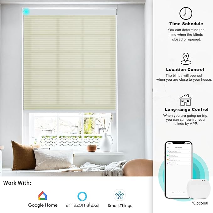 Changshade Smart Blinds Cellular Shades for Windows Doors Motorized with Remote Control, Custom Size Automatic Honeycomb Blind Electric Power Work with Alexa, Google Home, Light Filtering, Beige