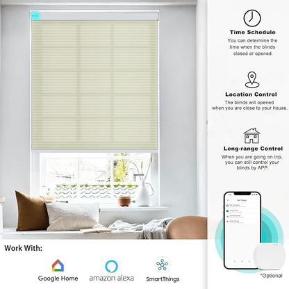 Changshade Smart Blinds Cellular Shades for Windows Doors Motorized with Remote Control, Custom Size Automatic Honeycomb Blind Electric Power Work with Alexa, Google Home, Light Filtering, Beige