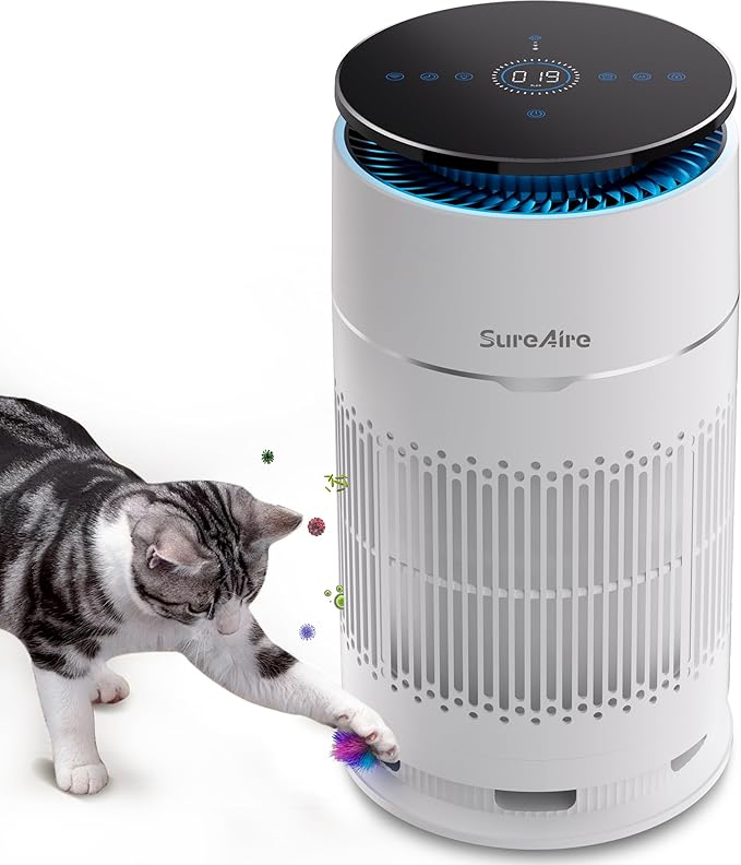 Cat Air Purifiers with HEPA Filter, Desktop Air Purifier with Replaceable Pre-Filter and Cat Teaser, 360° Air Intake Filters Pet Hair Dander Odors