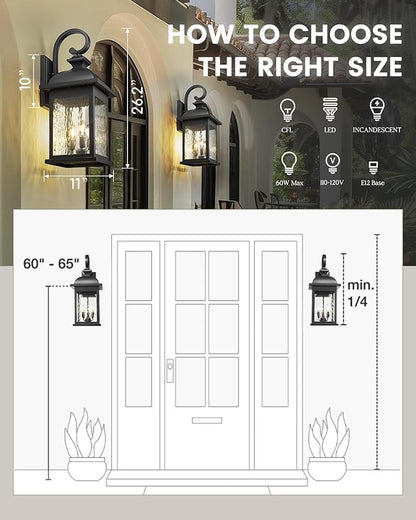 FEMILA 26" Outdoor Wall Light, Large Exterior Wall Lantern with Water Ripple Glass, 3-Light Outdoor Wall Light Fixtures for Entryway, Patio, Garage, Doorway, E12 Base, 4FD54B-L BK
