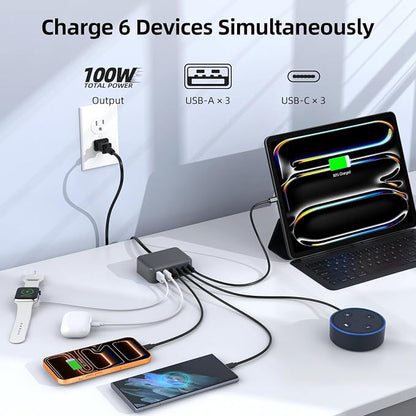 100W 6 in 1 USB Charger, 50% Smaller Charging Station for Multiple Devices | Fast Charging Blocks with Type C Port, USB Charging Hub Organizer Multiport Power Strip for iPhone,Samsung,Ipad,Kindle,Travel