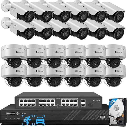 4COVR 4K PoE 32 Channel Security Camera System, 12 Dome IK10 Vandal-Proof 12 Bullet 8MP Commercial IP Camera IP67 Night Vision, AI Human/Vehicle Detection, Business UHD NVR 8TB HDD, LYH54A8M3224