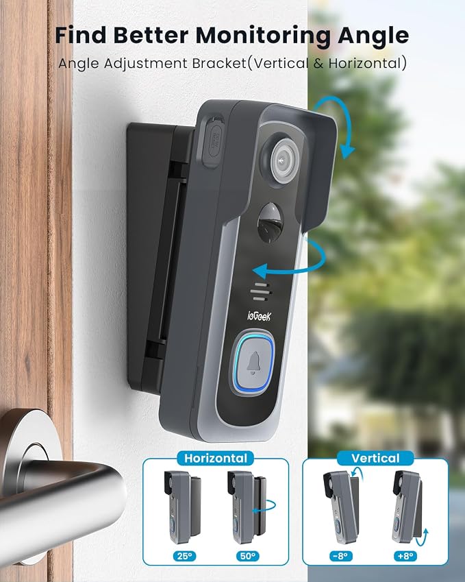 ieGeek Wireless Doorbell Camera No Subscription with Adjustable Angle Mount, 2K Smart Video Doorbell with Indoor Chime, Motion Detection, Real-time Alert, 2-Way Talk Voice Changer, Only 2.4GHz WiFi