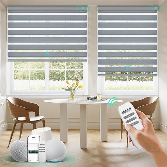 HeyBlinds Motorized Zebra Blinds with Remote, Smart Cordless Electric Zebra Shades for Indoor Windows Compatible with Alexa Google & Homekit, Custom Size (Minimalism-Gray BO)