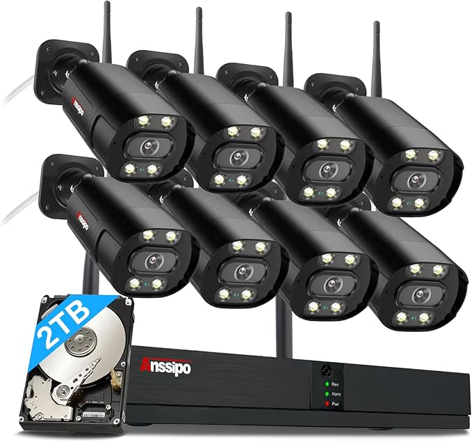 8 Channel Home Security Camera System Wireless Outdoor, 3MP 8PCS Wired WiFi Camera, 4K WiFi NVR System with 2TB Hard Drive, Two-Way Talk/Color Night Vision/Smart Playback/AI/Human Detection