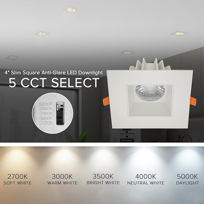 Maxxima 4 in. Ultra-Thin Recessed Anti-Glare LED Downlight, Canless IC Rated, 5 Color Temperature Selectable 2700K/3000K/3500K/4000K/5000K, Dimmable Square Stone Gray Trim, 90 CRI