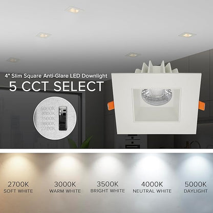 Maxxima 4 in. Ultra-Thin Recessed Anti-Glare LED Downlight, Canless IC Rated, 5 Color Temperature Selectable 2700K/3000K/3500K/4000K/5000K, Dimmable Square Stone Gray Trim, 90 CRI