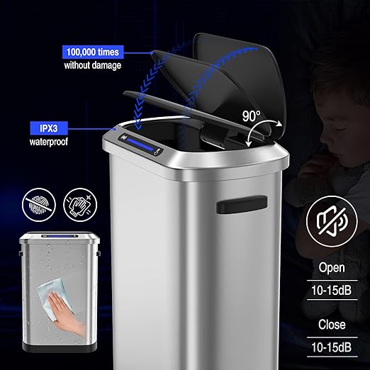 pouseayar Smart Automatic Trash Can with Lid 13 Gallon, Stainless Steel Thickened Body & Super Mute Sensor Lid with 30 Count Garbage Bags for Kitchen Office Bedroom Waste Bin and More - Silver